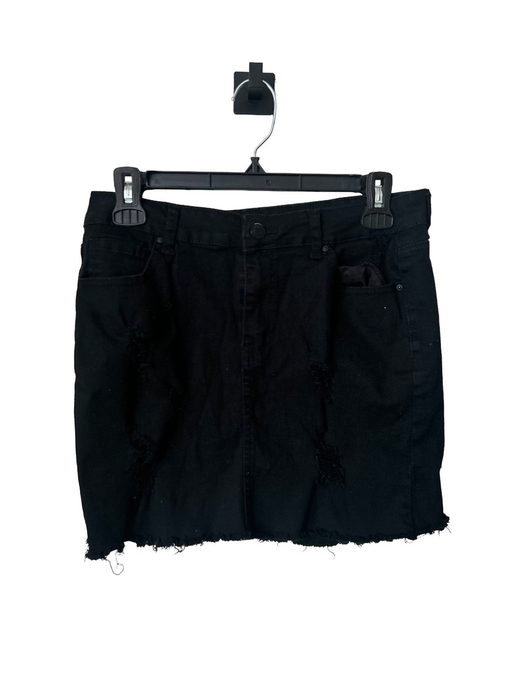 Wax Jean Black Distressed Raw-Hem Mini Skirt, Sz L